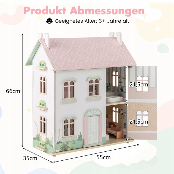 Costway 3-stöckiges Puppenhaus aus Holz mit farbenfrohen Möbeln und Accessoires, 66 cm