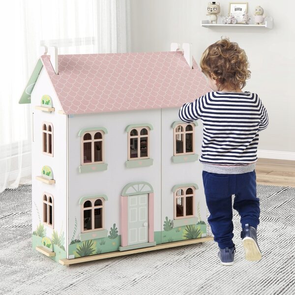 Costway 3-stöckiges Puppenhaus aus Holz mit farbenfrohen Möbeln und Accessoires, 66 cm