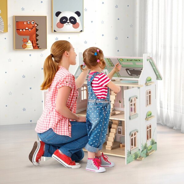 Costway 3-stöckiges Puppenhaus aus Holz mit farbenfrohen Möbeln und Accessoires, 66 cm