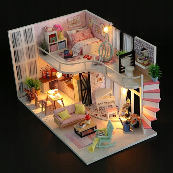 Habarri 15,8 cm DIY-Puppenhaus mit LED-Beleuchtung und Holzelementen