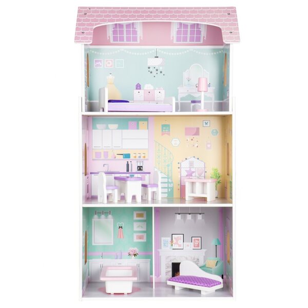 Houten poppenhuis 95 cm met 3 niveaus en Ecotoys meubelen