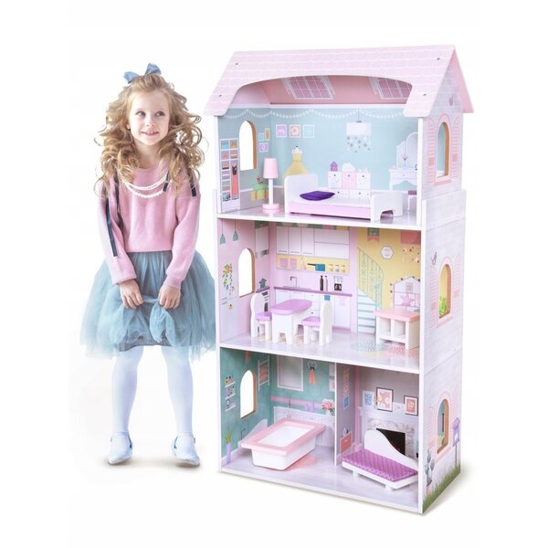 Houten poppenhuis 95 cm met 3 niveaus en Ecotoys meubelen