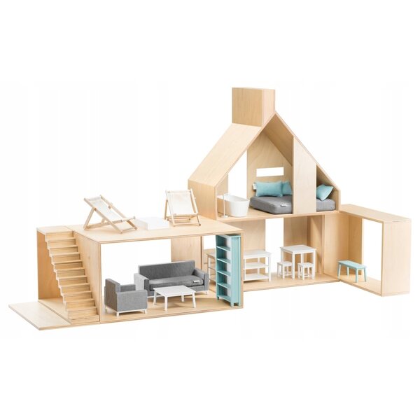 Casa delle bambole in legno di betulla con attrezzatura, 4 zone gioco 1:12