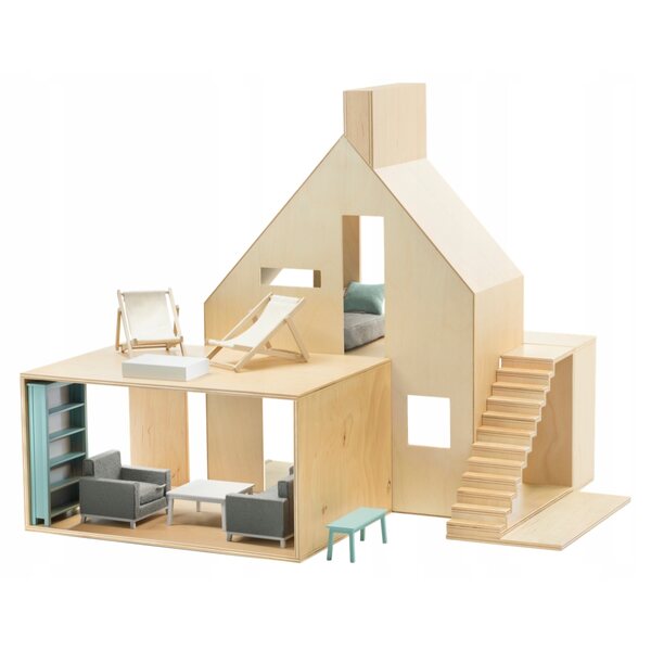 Casa delle bambole in legno di betulla con attrezzatura, 4 zone gioco 1:12