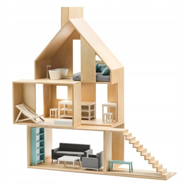 Casa delle bambole in legno di betulla con attrezzatura, 4 zone gioco 1:12