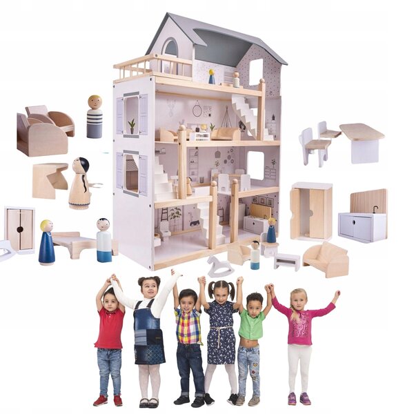 Casa per bambole in legno 83 cm con mobili, 4 piani, design naturale e dettagli curati