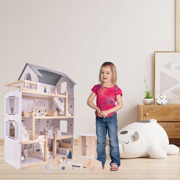 Casa per bambole in legno 83 cm con mobili, 4 piani, design naturale e dettagli curati