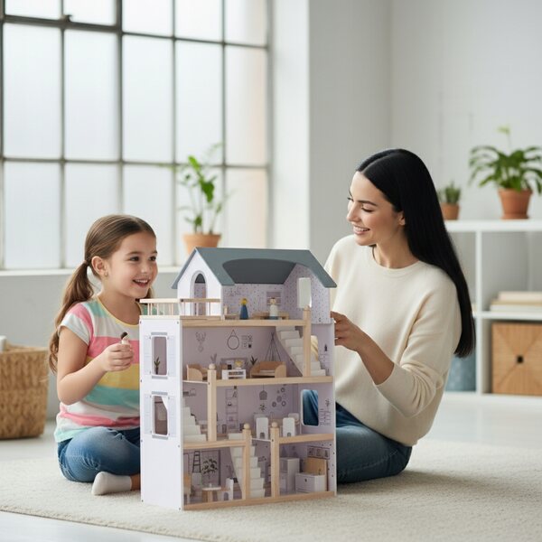 Casa per bambole in legno 83 cm con mobili, 4 piani, design naturale e dettagli curati