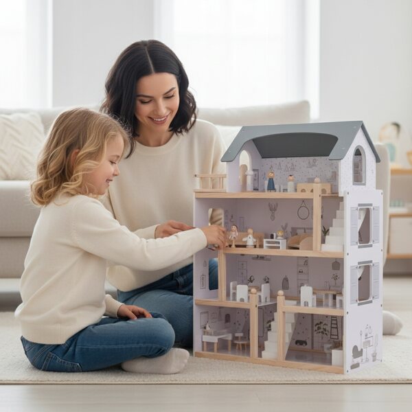 Casa per bambole in legno 83 cm con mobili, 4 piani, design naturale e dettagli curati