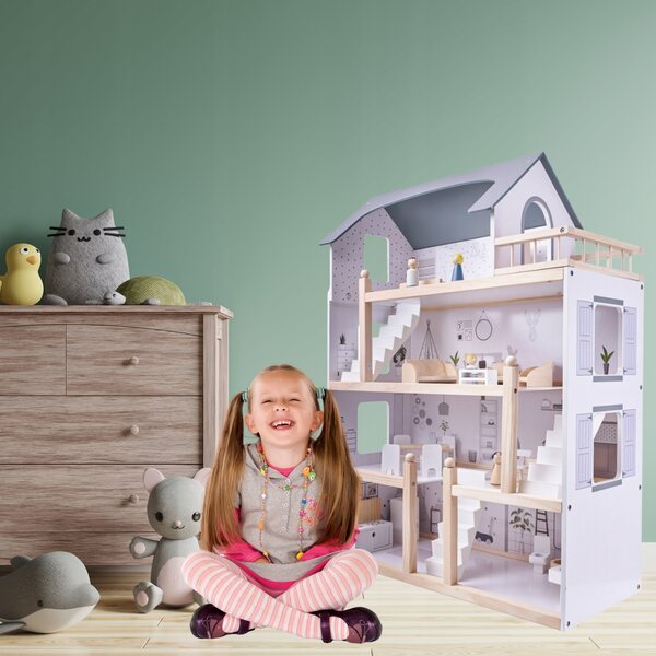 Casa per bambole in legno 83 cm con mobili, 4 piani, design naturale e dettagli curati