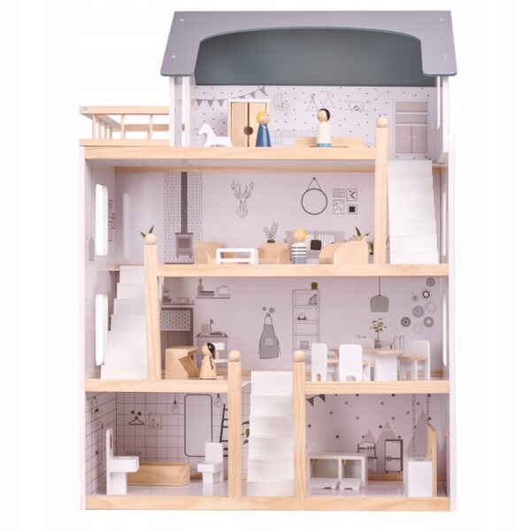 Casa per bambole in legno 83 cm con mobili, 4 piani, design naturale e dettagli curati