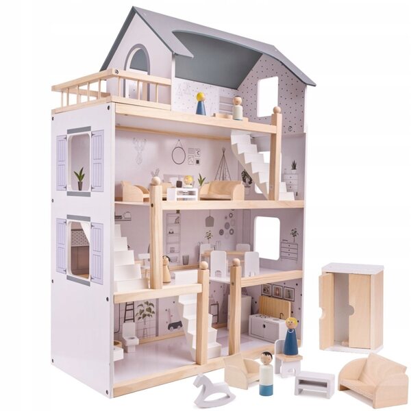 Casa per bambole in legno 83 cm con mobili, 4 piani, design naturale e dettagli curati