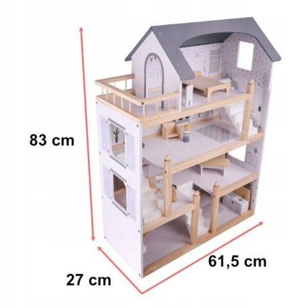 Casa per bambole in legno 83 cm con mobili, 4 piani, design naturale e dettagli curati