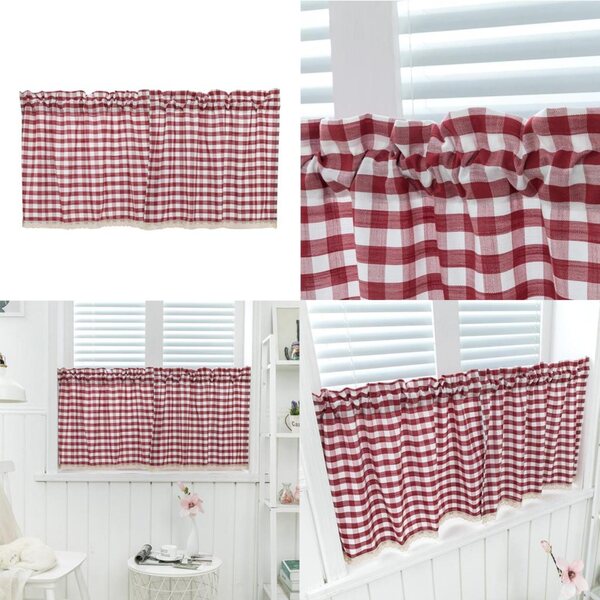 Elegante tenda corta in pizzo a quadri rossa per finestre - leggera e decorativa