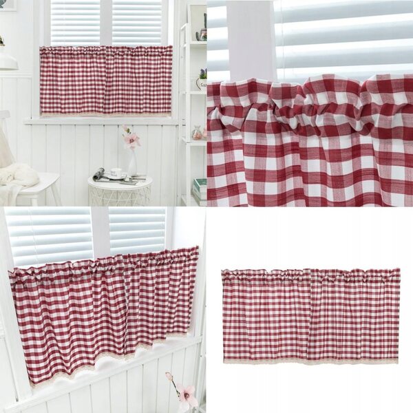 Elegante tenda corta in pizzo a quadri rossa per finestre - leggera e decorativa