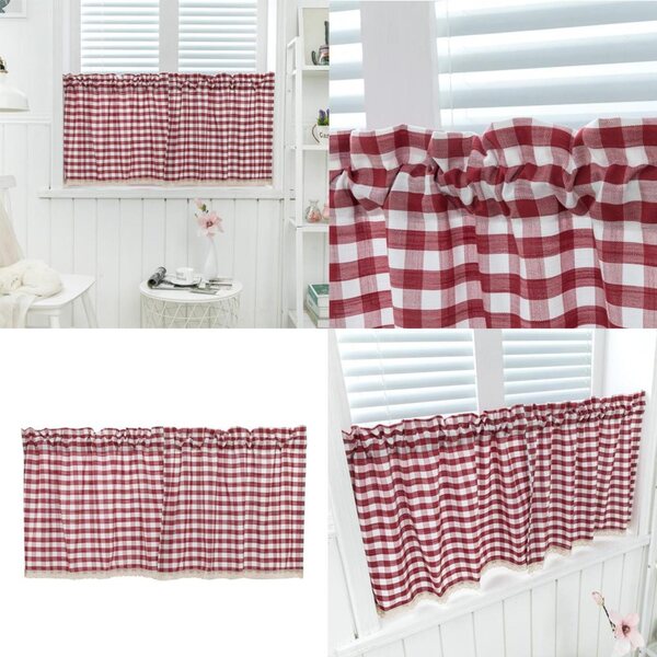 Elegante tenda corta in pizzo a quadri rossa per finestre - leggera e decorativa
