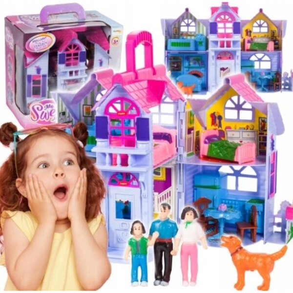 Grande Casa delle Bambole Pieghevole con Mobili e Famiglia, Valigia Portatile