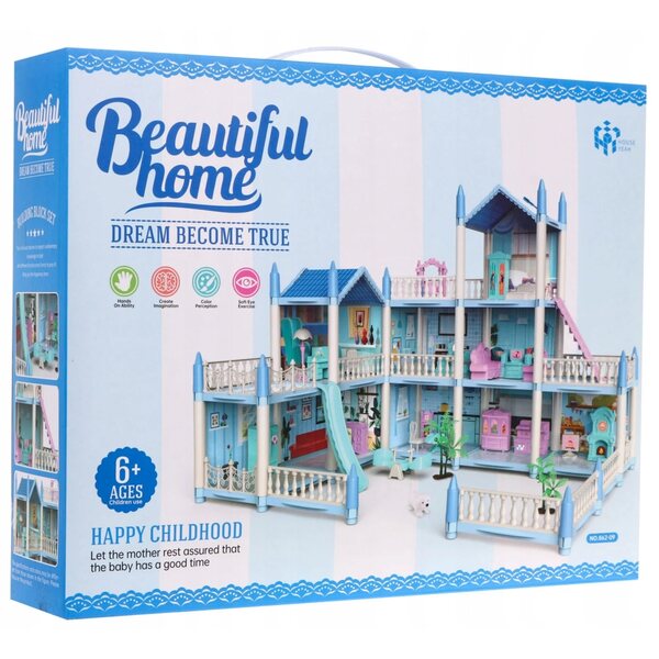 Casa delle bambole villa su 3 livelli con attrezzature e parco giochi 52x41x48 cm