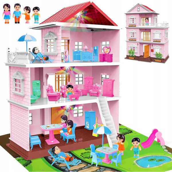 Puppenhaus deAO – 3-stöckiges Puppenhaus mit 4 Puppen und Möbeln, 50 cm rosa