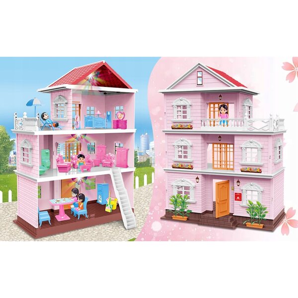 Puppenhaus deAO – 3-stöckiges Puppenhaus mit 4 Puppen und Möbeln, 50 cm rosa