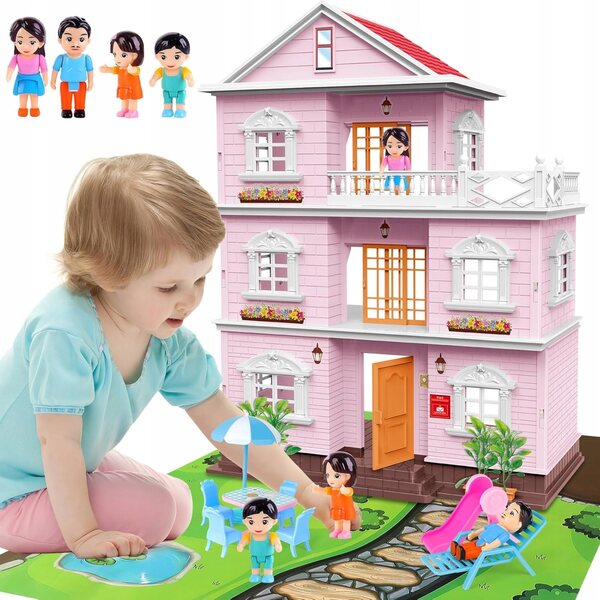 Puppenhaus deAO – 3-stöckiges Puppenhaus mit 4 Puppen und Möbeln, 50 cm rosa