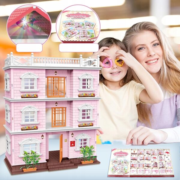 Puppenhaus deAO – 3-stöckiges Puppenhaus mit 4 Puppen und Möbeln, 50 cm rosa