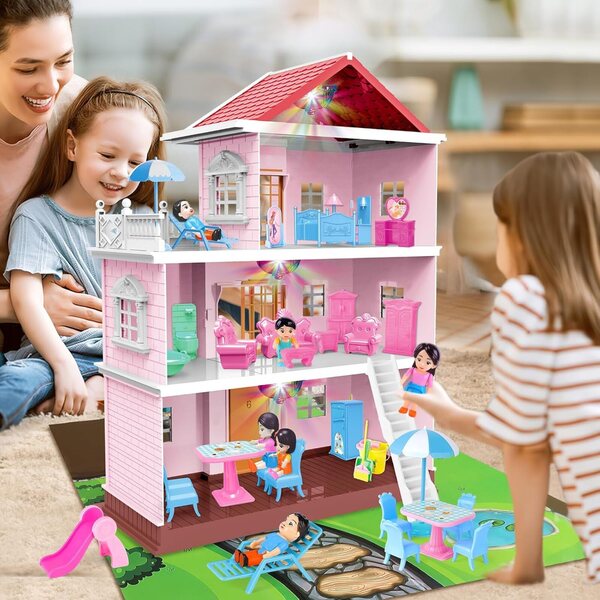 Puppenhaus deAO – 3-stöckiges Puppenhaus mit 4 Puppen und Möbeln, 50 cm rosa