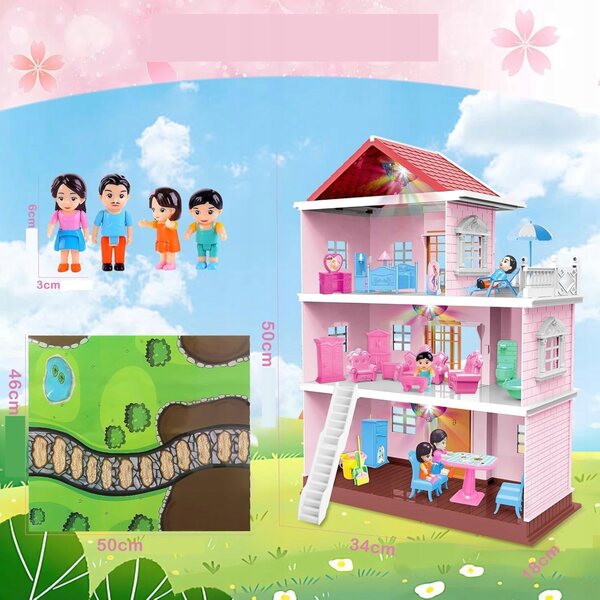 Puppenhaus deAO – 3-stöckiges Puppenhaus mit 4 Puppen und Möbeln, 50 cm rosa