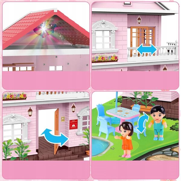 Puppenhaus deAO – 3-stöckiges Puppenhaus mit 4 Puppen und Möbeln, 50 cm rosa