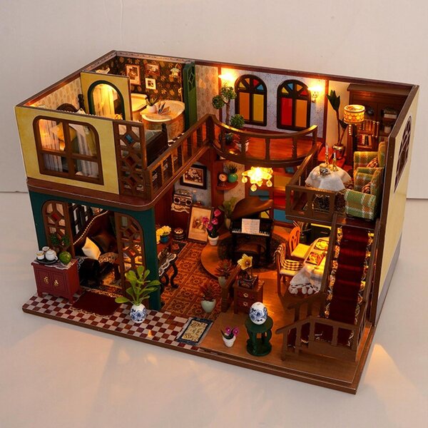Set Miniatura Casa delle Bambole in Legno da Costruire con Luci e Mobili Realistici