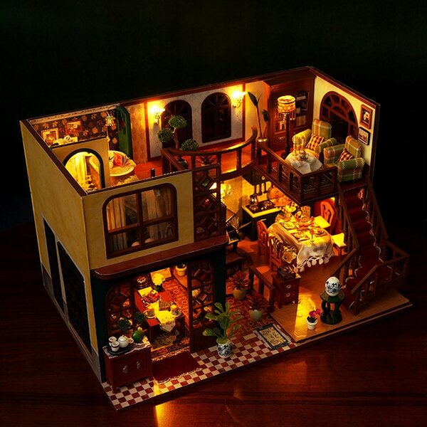 Set Miniatura Casa delle Bambole in Legno da Costruire con Luci e Mobili Realistici