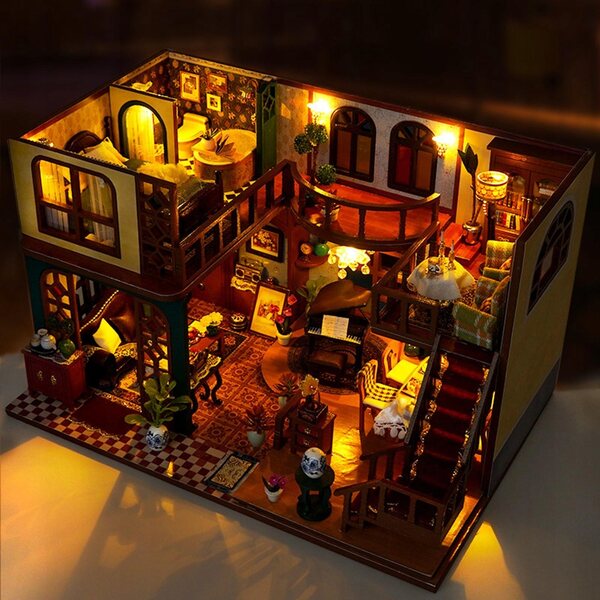 Set Miniatura Casa delle Bambole in Legno da Costruire con Luci e Mobili Realistici