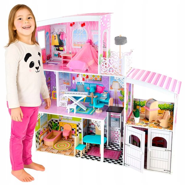 Casa delle bambole in legno 112 cm con mobili e accessori - 3 piani, garage