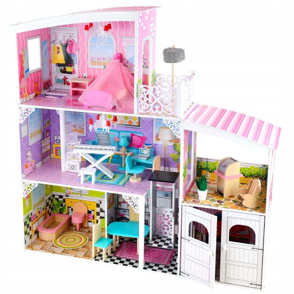 Casa delle bambole in legno 112 cm con mobili e accessori - 3 piani, garage