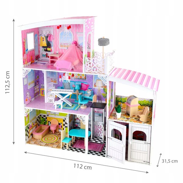 Casa delle bambole in legno 112 cm con mobili e accessori - 3 piani, garage