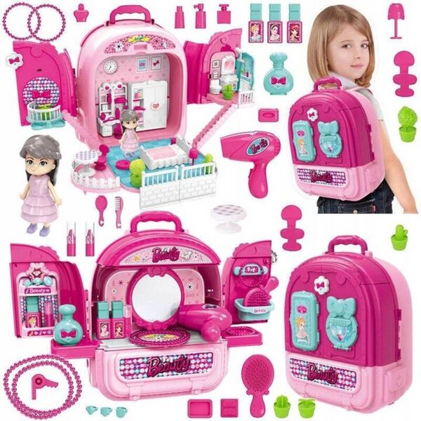 Toaletka 3in1 con Casa per Bambole in Valigetta Zaino - Gioco Educativo Bambini