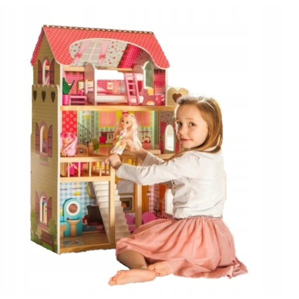 Casa delle bambole in legno Ecotoys Malinowa 90 cm con LED e attrezzatura