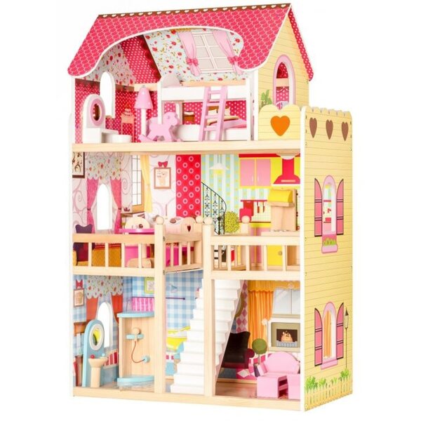 Casa delle bambole in legno Ecotoys Malinowa 90 cm con LED e attrezzatura