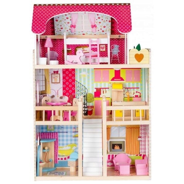 Casa delle bambole in legno Ecotoys Malinowa 90 cm con LED e attrezzatura
