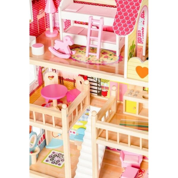 Casa delle bambole in legno Ecotoys Malinowa 90 cm con LED e attrezzatura