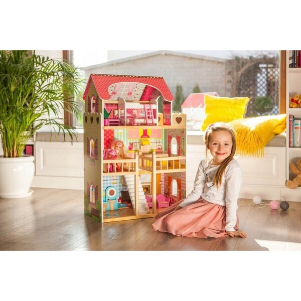 Casa delle bambole in legno Ecotoys Malinowa 90 cm con LED e attrezzatura