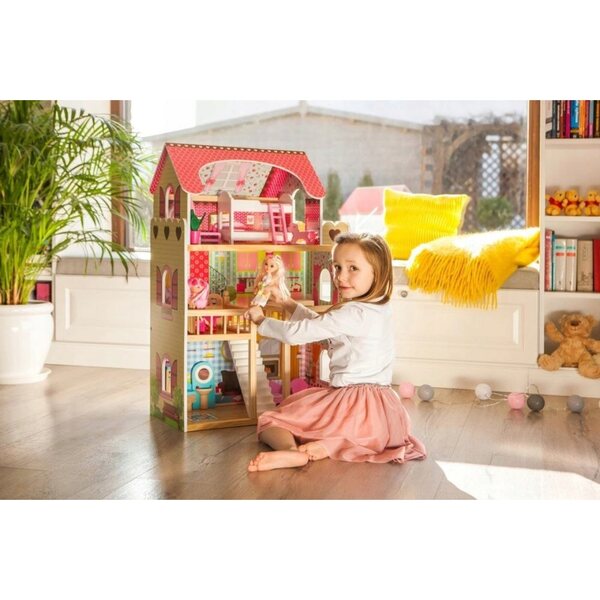 Casa delle bambole in legno Ecotoys Malinowa 90 cm con LED e attrezzatura
