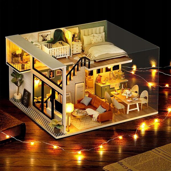 Miniatura Casa di Bambola 3D LED in Legno 1:24 Kit Fai da Te con Mobili e Decorazioni
