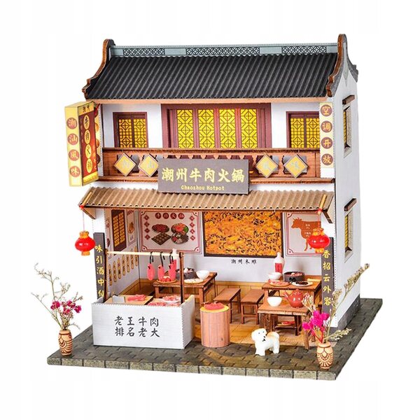 DIY-Set Mini chinesisches Puppenhaus mit LED und Holzmöbeln 20x19x21,5 cm