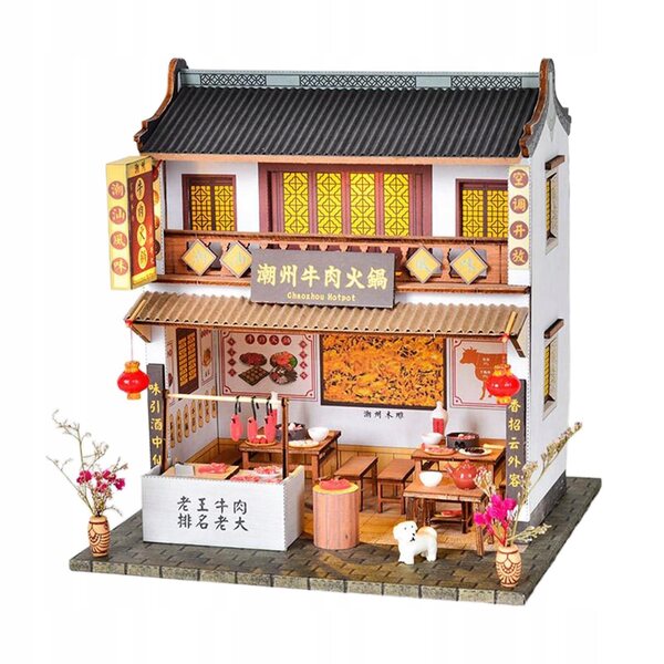 DIY-Set Mini chinesisches Puppenhaus mit LED und Holzmöbeln 20x19x21,5 cm