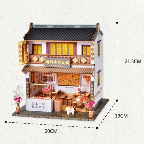 DIY-Set Mini chinesisches Puppenhaus mit LED und Holzmöbeln 20x19x21,5 cm