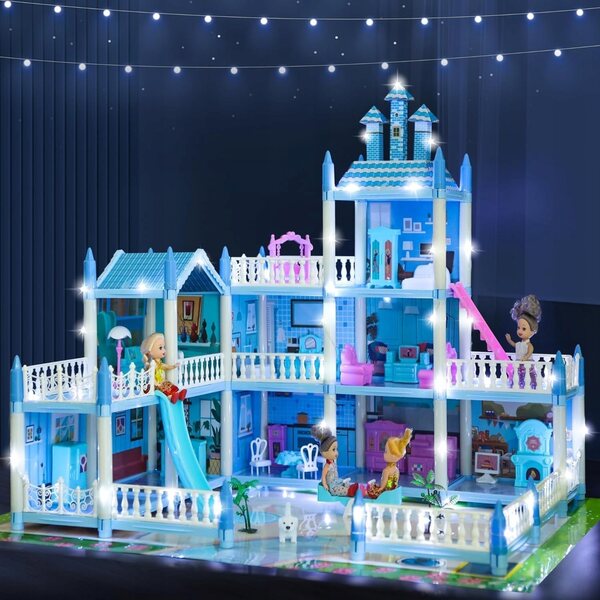 3-stöckiges Puppenhaus mit Möbeln, Puppen und LED-Beleuchtung 85 cm