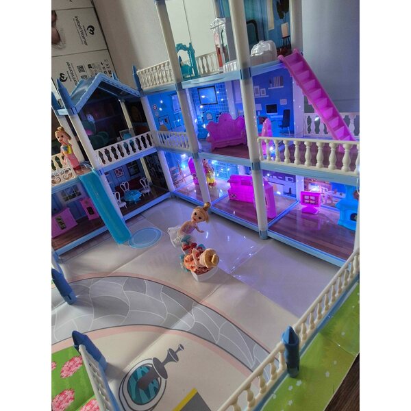 3-stöckiges Puppenhaus mit Möbeln, Puppen und LED-Beleuchtung 85 cm