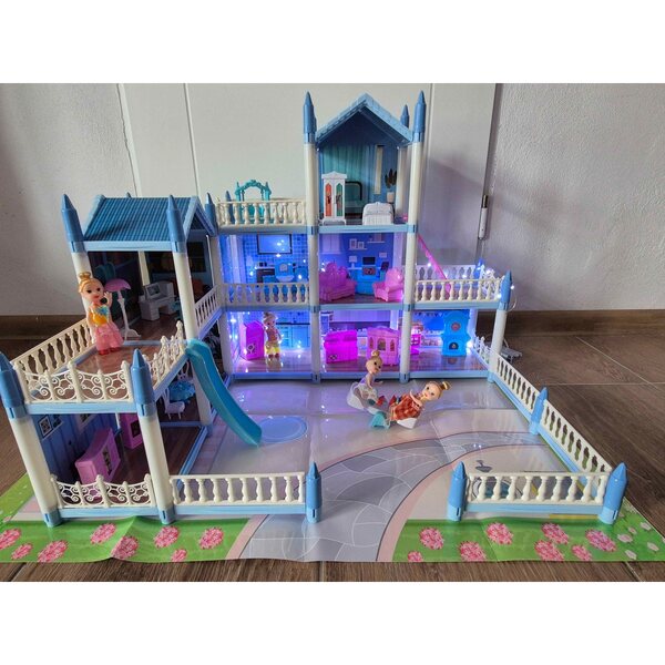 3-stöckiges Puppenhaus mit Möbeln, Puppen und LED-Beleuchtung 85 cm