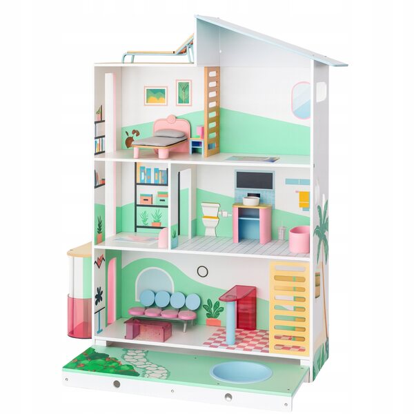 Casa delle bambole XXL 130 cm con ascensore e piscina - in legno, 3 livelli, 15 mobili